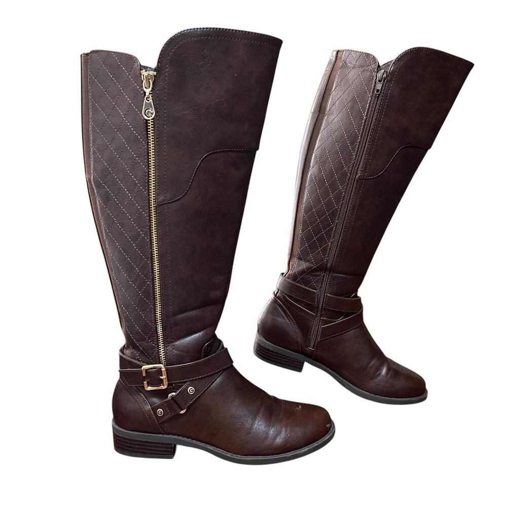 GBG Guess Boots Women's 7.5 Brown Knee High Riding Equestrian Wide Calf Buckle